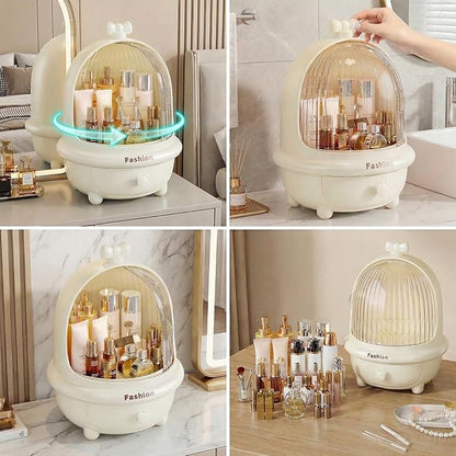 360° Rotating Cosmetic Storage Box,Cute Fashion Makeup Organizer with Drawer,Dustproof Skincare Display Case for Vanity Countertop Bathroom,Ideal Gift for Women（Cream）
