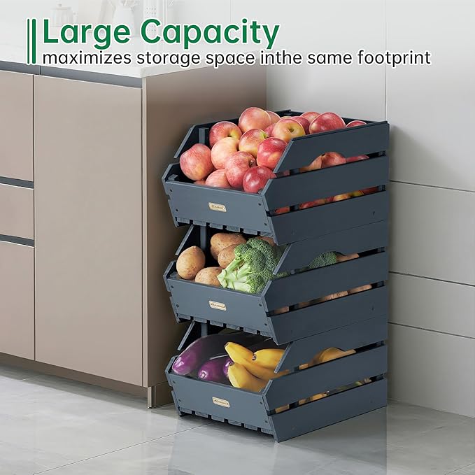 Wood Potato Onion Storage Bins - Wooden Stackable Produce Basket - Fruit Vegetable Storage for Kitchen Pantry Organization, Set 3 Pieces