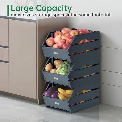Wood Potato Onion Storage Bins - Wooden Stackable Produce Basket - Fruit Vegetable Storage for Kitchen Pantry Organization, Set 3 Pieces