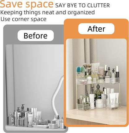 Makeup Organizer Countertop 2 Tier, Corner Bathroom Countertop Organizer with Toothbrush and Makeup Brush Holder, Corner Vanity Tray for Skincare Organization
