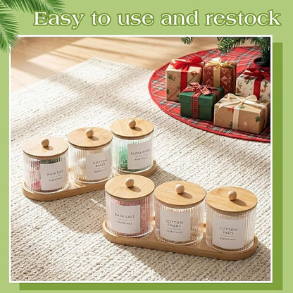 Vesici 6 Pack Bathroom Canisters Ribbed Apothecary Jars with Bamboo Lids 2 Bamboo Trays and 9 Label Stickers Cotton Swabs Holder Bathroom Organizer Storage Set Acrylic 18 oz Dispenser Container(Wood)