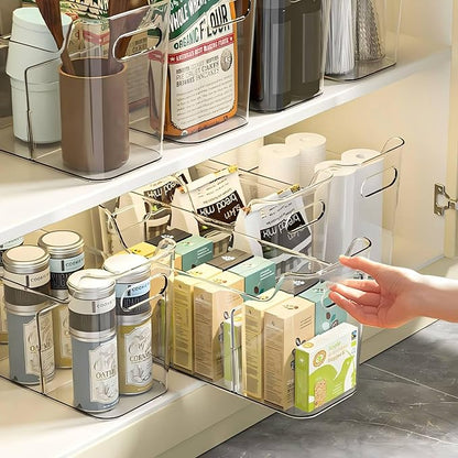 Tall Narrow Clear Bins with Dividers, Plastic Containers for Organizing Kitchens and Bathrooms - 14" L, 2 Pack