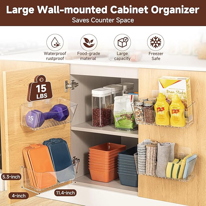 4-Pack Large Cabinet Door Organizer, 11.4" Adhesive Wall Mounted Pantry Organizers and Storage, Space Saving, Drain Bottom, No drill, Clea Storage Caddy Baskets for Kitchen, Bathroom, Under Sink