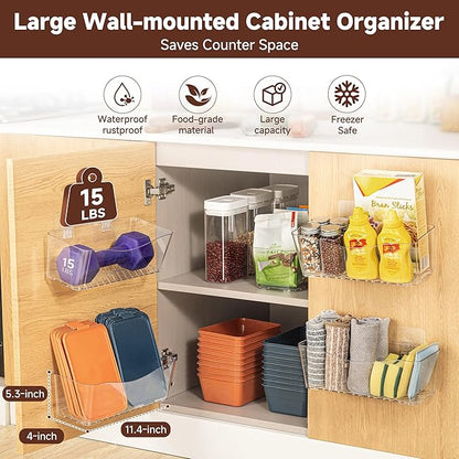 4-Pack Large Cabinet Door Organizer, 11.4" Adhesive Wall Mounted Pantry Organizers and Storage, Space Saving, Drain Bottom, No drill, Clea Storage Caddy Baskets for Kitchen, Bathroom, Under Sink