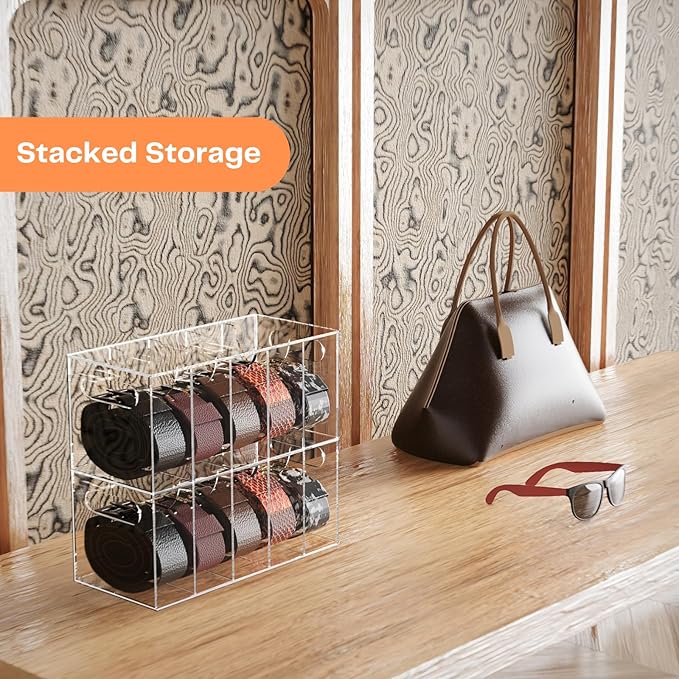 YUNEASELF Acrylic Belt Organizer Holder for Closet with Dust Cover Lid - Clear Storage Display Case for Drawer - 5 Compartments