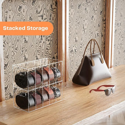 YUNEASELF Acrylic Belt Organizer Holder for Closet with Dust Cover Lid - Clear Storage Display Case for Drawer - 5 Compartments