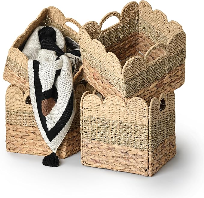 12x12 Storage Cube Bins Wicker Storage Basket for Cube Shelf, Set of 4 Collapsible Scalloped Storage Bins with Handle, Square Woven Baskets for Organizing Shelves Bedroom Pantry