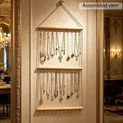 Hanging Jewelry Organizer with 36 Hooks - 15.7 Inch Hanging Wooden Display Rack for Necklaces, Bracelets, Earrings, Headbands - Space Saving Decor