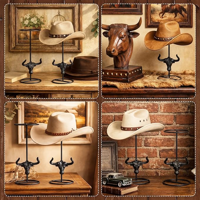 Chunful 2 Pcs Cowboy Hat Stand Display Father Day Bulk Gifts Western Metal Longhorn Hook Rack Vintage Rustic Hat Holder Rack Organizer for Display Tabletop Desk Organization Father Cowboy Western Gift