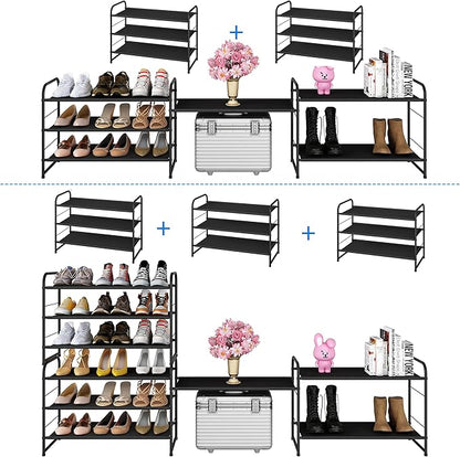 Simple Trending 3 Tier Stackable Shoe Rack, Expandable Adjustable Fabric Shoe Shelf Storage Organizer, Black