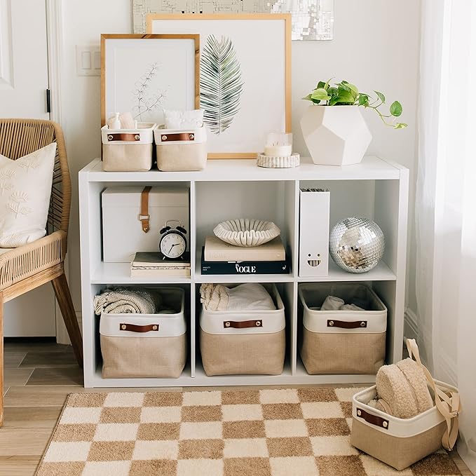 OrganiHaus 15x11in Canvas Storage Baskets 3 Pack | LARGE Fabric Bins for Shelves | Closet & Bedroom Storage | Beige/Off-White