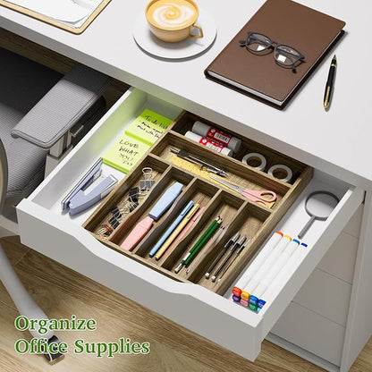 Kiasthome Acacia Wood Silverware Drawer Organizer, Kitchen Utensil Cutlery Drawer Organizer with Grooved Dividers, Flatware Organizer Silverware Tray Holder for Spoon, Fork, 13''x16.9'' (7 Slots)