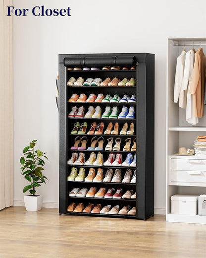Kitsure Shoe Rack - 10-Tier Shoe Organizer with Zippered Dust Cover & Side Pockets, Easy to Assemble, Space Saving Shoe Rack for Closet, Entryway, Living Room, 33" x 12.4" x 69.3", Black