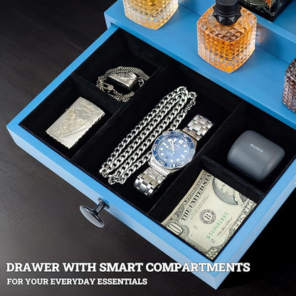 Wooden Cologne Organizer for Men 4 Tier | Capri Ocean Blue Limited Perfume Holder Shelf for Dresser | High Grade Velvet Lining and Stylish Gift Box | Uncluttered Design Perfume Display Stand