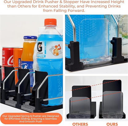 Upgraded Premium Drink Organizer for Fridge. Ultra Space Saving Soda Can Organizer for Refrigerator with Larger Stopper Height and Automatic Pusher with Locking Feature. Holds 10 Cans (2 Rows, Black)