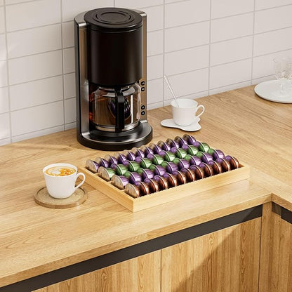 MinBoo Bamboo Coffee Pod Storage Holder Drawer Insert for Counter Compatible Nespresso Vertuo Vertuoline Capsules for Kitchen, Home, Office, Coffee Station