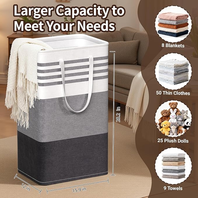 WOWBOX 2 Pack Laundry Baskets, Laundry Hampers, Freestanding Dirty Clothes Hampers with Reinforced Handles & Cross Stitch & Waterproof Coating, for Laundry Bedroom Bathroom Dorm,88L Grey