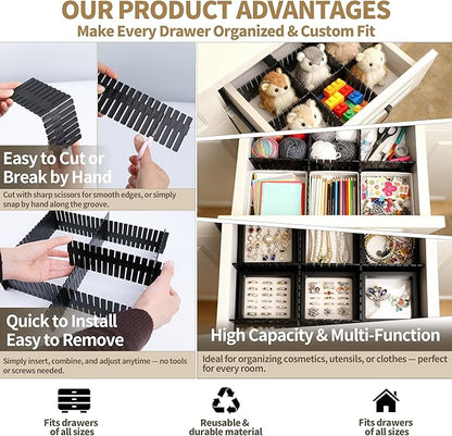 Drawer Divider Adjustable Diy Storage Organizer Separator for Tidying Clutter Cutlery Makeup Clothes of Dresses, Desk & Box in Kitchen Bathroom Bedroom Office (Cut at Will) (Black 32pcs)
