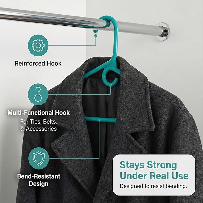 DEILSY™ Aqua Heavy Duty Hangers with Hooks for Scarves & Belts – Thick and Strong Clothes Hangers for Shirts, Jackets, Pants, and Dresses – Space-Saving Plastic Hangers – Pack of 30