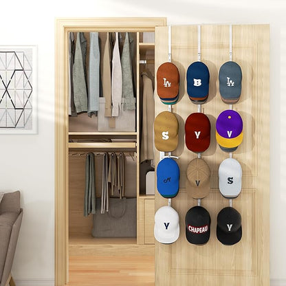 HapiRm Over Door Hat Rack - 3 Packs Hat Organizer with 12 Hooks Design, Hanging Baseball Cap Organizer Storage Holds Up to 60 Caps for Door, Bedroom, Closet (White)