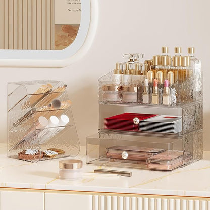 3 Tier Makeup Organizer for Vanity with Brush Holder Countertop Organizer with 2 Drawers Clear Makeup Storage for Brushes, Lipsticks, Face Mask Skin Care Storage Solution for Women & Teens
