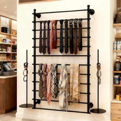 12 Layers Black Wall Display Stand Wrapping Paper Ribbon Organizer Holder Storage Scarf Tie Belt Towel Spool Sewing Tool Hijab Metal Shelving for Home, Retail Stores, Flower Shop,Studio-120cm