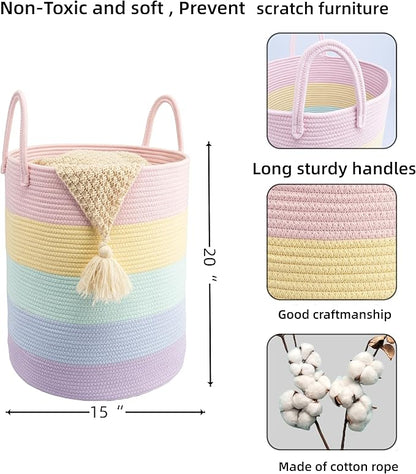 Woven Cotton Rope Laundry basket-15”X20” Laundry Hamper-Rope Storage Basket for Dirty Clothes, Toys and Blankets Perfect for Bathroom, Baby nursery and Living Room Storage (light rainbow)