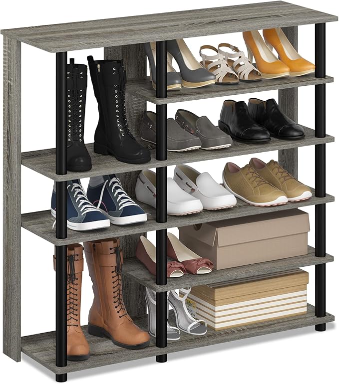 Furinno Turn-N-Tube Multi Storage Shoe Rack, 35.2"W 6-Tier, French Oak Grey/Black
