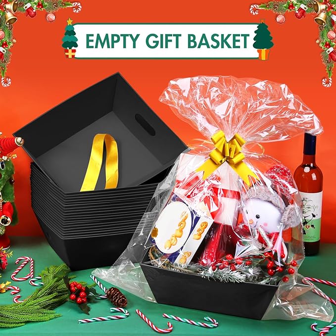 AFOROEOA 20PACK Baskets for Gifts Empty, 10x12”Thick Black Gift Basket with 20 Bows 20 Bags Empty Gift Baskets for Christmas, Valentine’s Day, Easter, Birthdays, Snacks, Farmers Market