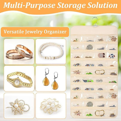 4 Pack Hanging Jewelry Organizer with 80 Clear Pockets, Double-Sided Hanger for Closet Door Wall, Beige Jewelry Holder for Earrings, Necklaces, Bracelets