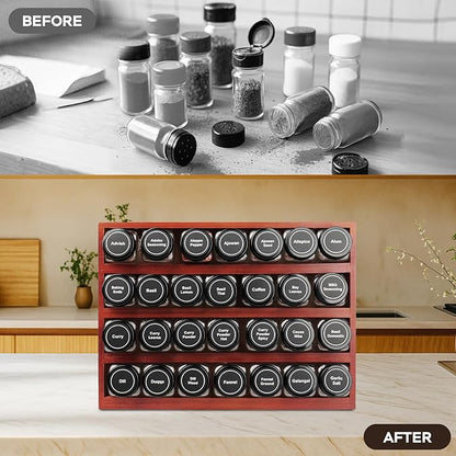 Bamboo Spice Rack Organizer with 28 Spice Jars, 780 Labels, 4 Tier Wood Hanging Shelf, Chalk Marker and Funnel Set for Drawer Cabinet Kitchen Countertop Wall Mount, Empty 4 oz Glass Jars-Cherry Stain