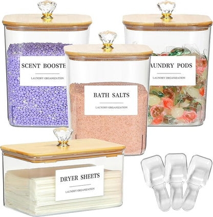 4 Pack Clear Laundry Pods Container & Dryer Sheet Holder Set with Lid, Laundry Containers with Scoops & Labels, Laundry Room Organization and Storage for Laundry Detergent, Pods, Powder, Beads
