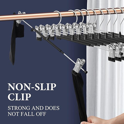 Pants Hangers with Clips 10 Pack 16Inch Adjustable Skirt Hanger for Women Non-Slip Trousers Hanger for Jeans Clothes Hangers for Pants Heavy Duty Space Saving Shorts Hangers,Black