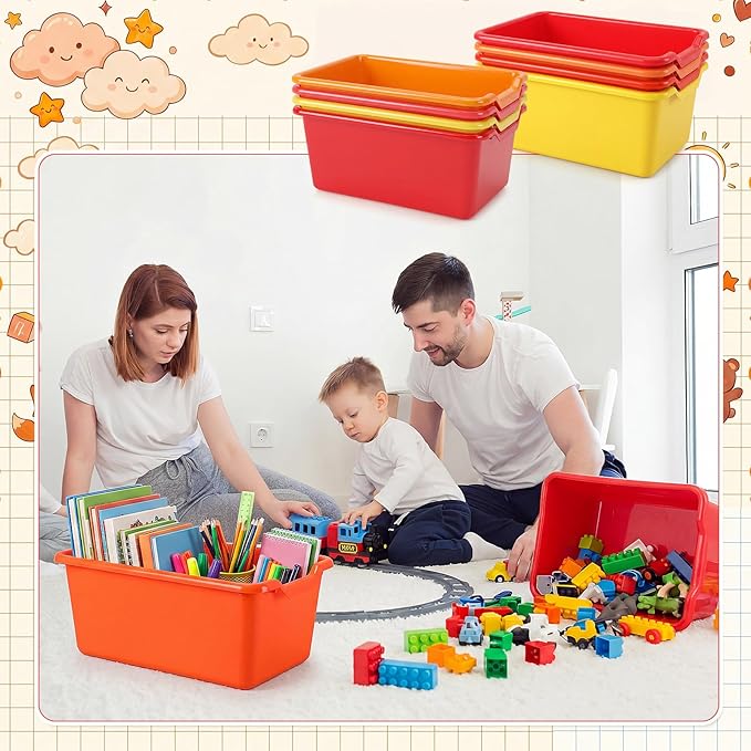 Dandat 16 Pcs Plastic Book Bins for Classroom Library Cubby Bins Scoop Front Stackable Toy Storage Tubs Containers for School Office Home Nursery Playroom Organization (Warm Series)