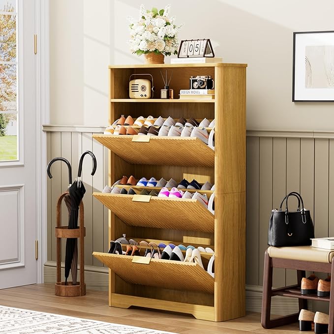 Shoe Cabinet Storage for Entryway Hidden Shoes Storage Cabinet with 3 Flip Drawers, Tall Free Standing Shoe Organizer Rack for Foyer, Hallway