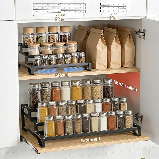 SANKEU Expandable Spice Rack Organizer for Cabinet 3 Tiered Metal Seasoning Organization with Guardrails Spice Shelf Storage for Jars Adjustable Length 13"-21" Black 2Pack