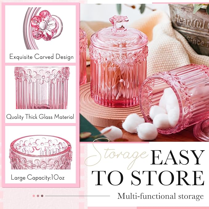 Hushee 4 Pcs Crystal Glass Candy Jar Set with Lids Home Decorative Storage Jars for Apothecary, Bathroom, Kitchen, and Pantry, Ideal for Cotton Swabs and Jewelry(Pink)