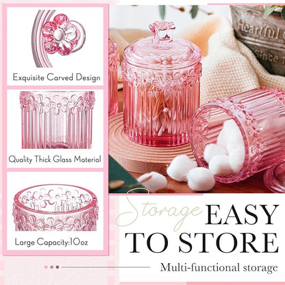Hushee 4 Pcs Crystal Glass Candy Jar Set with Lids Home Decorative Storage Jars for Apothecary, Bathroom, Kitchen, and Pantry, Ideal for Cotton Swabs and Jewelry(Pink)