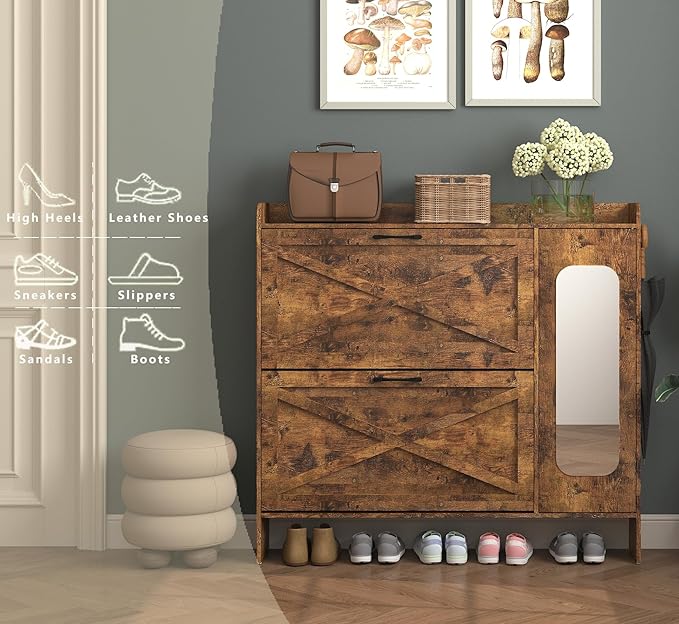 Shoe Storage Cabinet with 2 Flip Drawers, Freestanding Organizer with Metal Legs for Entryway, Narrow Shoe Rack Cabinet