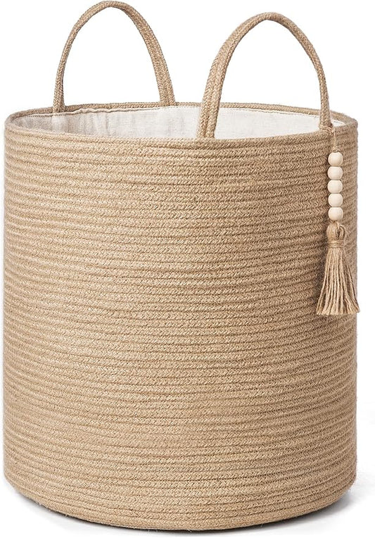 Mkono Tall Wicker Laundry Basket Woven Storage Basket Decorative Natural Rope Basket Wooden Bead Decoration for Blankets,Toys,Clothes,Shoes,Plant Organizer Bin with Handles Living Room 15"Wx17.7"L