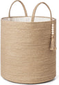 Mkono Tall Wicker Laundry Basket Woven Storage Basket Decorative Natural Rope Basket Wooden Bead Decoration for Blankets,Toys,Clothes,Shoes,Plant Organizer Bin with Handles Living Room 15"Wx17.7"L