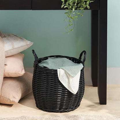 Isidore Round Resin Woven Basket with Handles | Multi-Purpose Organizer for Halloween & Thanksgiving Storage, Laundry, and More (13" x 13" x 10.2" - Black)
