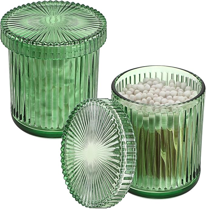2 Pack Glass Qtip Holder with Lid, Qtip Dispenser Bathroom Storage Jars- Glass Apothecary Jars for Cotton Ball, Swab, Pads, Floss Picks, Bathroom Accessories Organization and Vanity Organizer(Green)