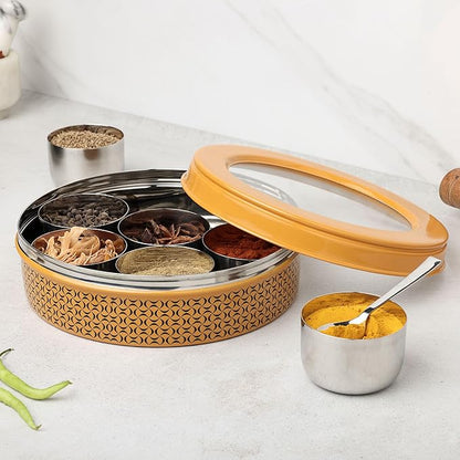dudki 7 in 1 Stainless Steel Spice box for kitchen sturdy Masala dabba jar for Spices Seamless Design (Caramel Orange)