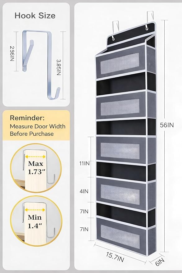 Over The Door Organizer 44LB Capacity with 5 Large Pockets & 10 Mesh Side Pockets, Clear Window Anti-Tilt Hanging Storage for Nursery, Bathroom, Pantry - Dark Grey, 1 Pack