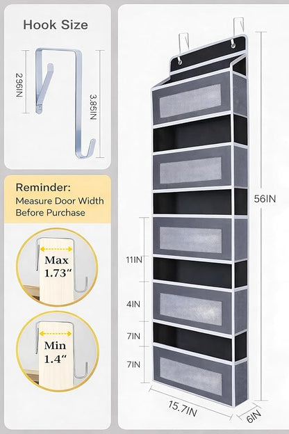 Over The Door Organizer 44LB Capacity with 5 Large Pockets & 10 Mesh Side Pockets, Clear Window Anti-Tilt Hanging Storage for Nursery, Bathroom, Pantry - Dark Grey, 1 Pack