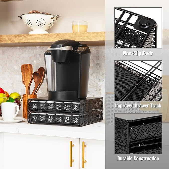 Mind Reader 2 Drawer Coffee Pod Organizer with Removable Dividers, 72 Pod Capacity, Metal Mesh Coffee Station Base with Guided Drawer Track, Black