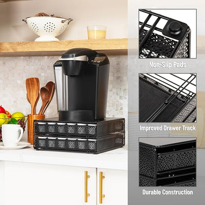 Mind Reader 2 Drawer Coffee Pod Organizer with Removable Dividers, 72 Pod Capacity, Metal Mesh Coffee Station Base with Guided Drawer Track, Black