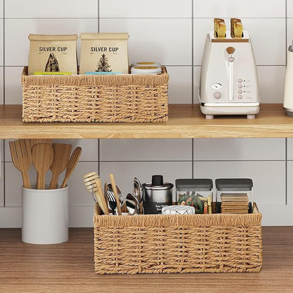 Vagusicc Wicker Storage Basket, Set of 2 Hand-Woven Paper Rope Wicker Baskets for Organizing Decor Storage Bins for Counter Shelves Pantry Basket Small Toilet Paper Basket for Toilet Tank Top, Natural