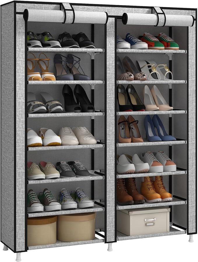 JIUYOTREE 7-Tier Shoe Rack Storage Organizer with Dustproof Cover Closet Cabinet Shelf Holds up to 28 Pairs for Doorway Corridor Balcony Living Room Ash Gray